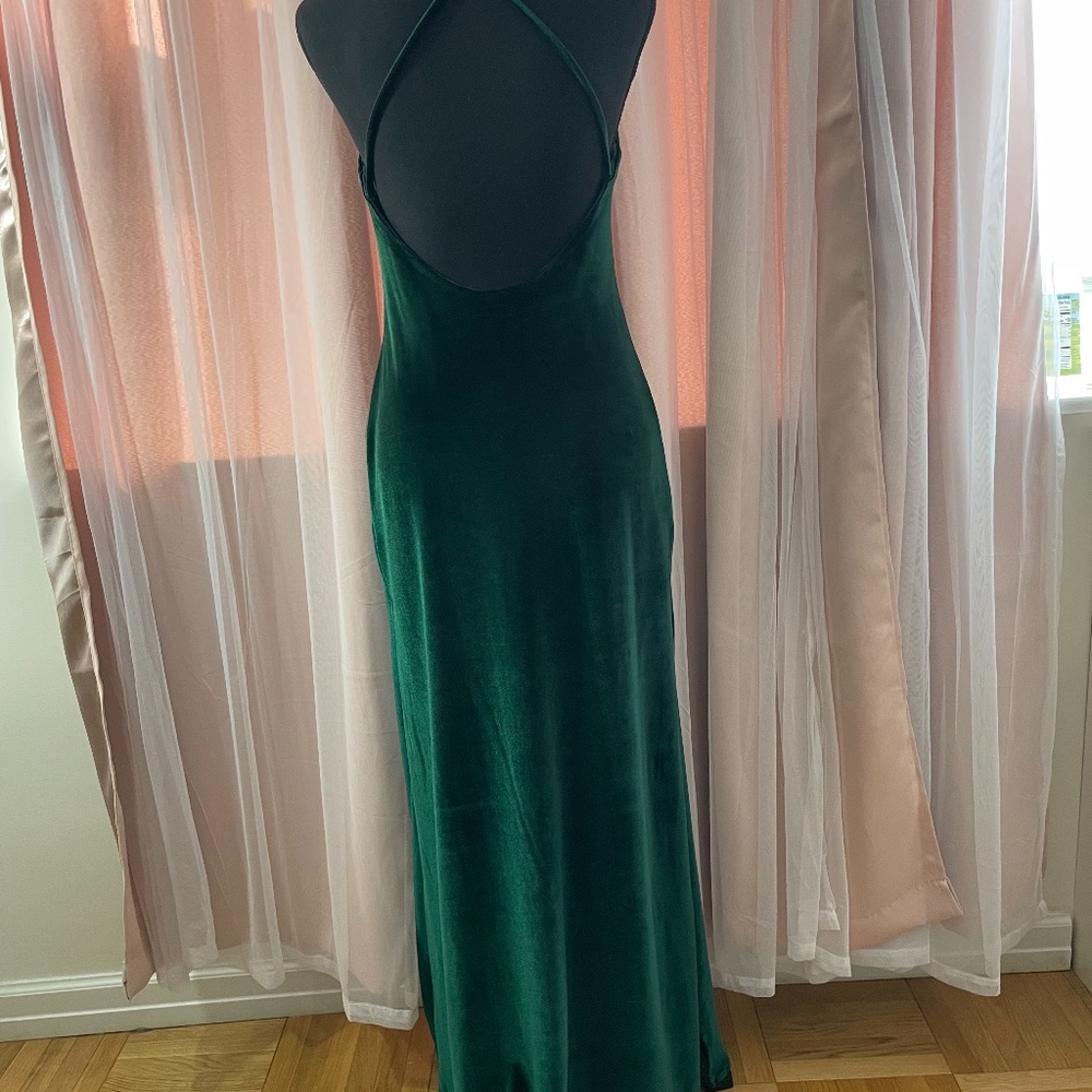 NBD X Revolve Hunter Green Velvet Side Slits Maxi Dress - Size S - Picture 4 of 6